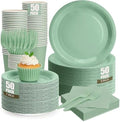 Sage Green Plates Party Decorations, Include 9’’Disposable Sage Green Paper Plates, 7’’Dessert Plate and Napkins and Cups Forks Party Supplies for Baby Showers, Birthday, Wedding, Serves 50 by CENLBJ