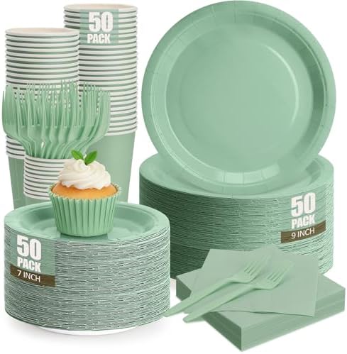 Sage Green Plates Party Decorations, Include 9’’Disposable Sage Green Paper Plates, 7’’Dessert Plate and Napkins and Cups Forks Party Supplies for Baby Showers, Birthday, Wedding, Serves 50 by CENLBJ