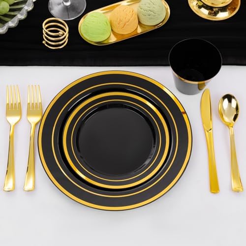 WELLIFE Black and Gold Plates, Plastic Dinnerware Set for 50 Guests - Image 4