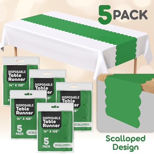 Green Scallop Table Runner, Disposable Plastic, 5 Pack, 14x108in - Image 2
