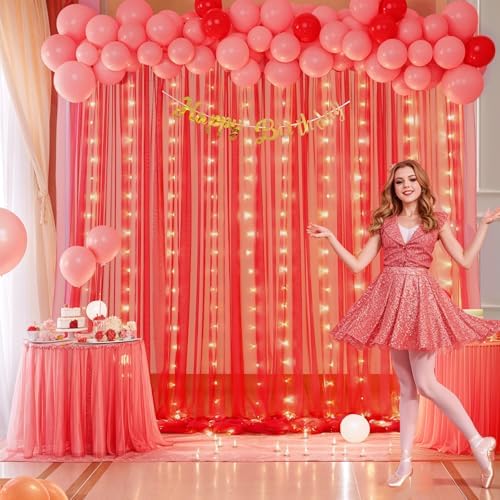 10ft x 10ft Red Tulle Photo Backdrop Curtain with Lights String for Christmas Party Red Sheer Curtain Backdrop Drapes for Birthday Party Wedding Holiday Photo Booth Background Home Room Decorations by Suppromo