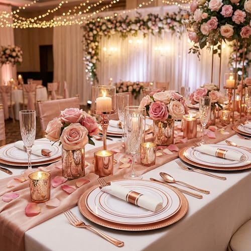 WELLIFE 350Pcs Rose Gold Plastic Plates for 50 Guests - Plastic Dinnerware Set,Party Supplies Includes 100 Rose Gold plates,150 Silverware,50 Napkins,50 Cups for Valentines and Galentines - Image 3