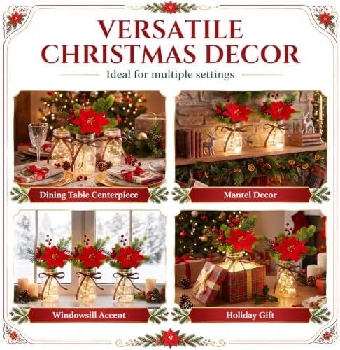 4 Sets Christmas Mason Jar Centerpiece with LED Lights - Image 6