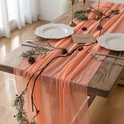 3Pcs Coral Peach Cheesecloth Table Runner 120 Inches for Party Home Decor by KEKETOARRANGE