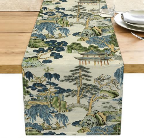 Chinoiserie Vintage Style Mountain Fall Table Runner, Japanese Table Runner by Unknown