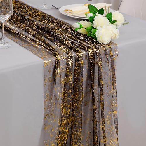 Snowkingdom 10 Pcs Black & Gold Cheesecloth Table Runner 10 FT, Sheer Chiffon Sparkle Gauze Mesh Runners 120 Inch, Glitter Table Centerpieces Decoration for Birthday Party Wedding Christmas Halloween by Snowkingdom