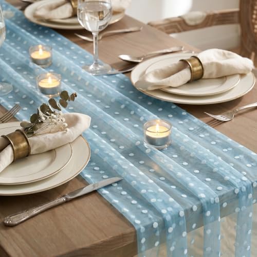 Artoid Mode Light Blue Gauze Flocking White Dots Table Runner 10FT,Summer Sheer Dining Table Decor for Wedding Anniversary Holiday Birthday Home Party - Image 4