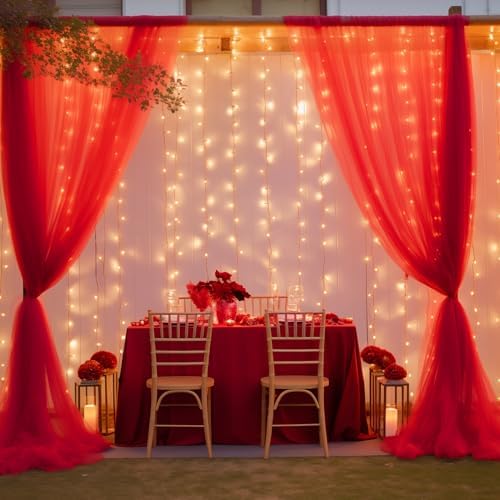 30ft x 10ft Red Backdrop Curtain with Lights String for Parties, Sheer Tulle Wedding Photo Backdrops Drapes for Baby Shower Birthday Party Decorations Background for Photography - Image 4