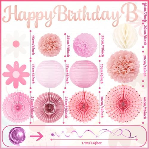 Pink Birthday Party-Decorations - 29pcs Beige Rose Gold Party Decorations for Women Girls, Happy Birthday Banner Paper Daisy Flower Streamers Lanterns Tissue Pom Poms - ZERODECO - Image 3