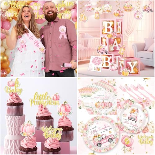 249pcs Little Pumpkin Baby Shower Decorations for Girl,A Sweet Little Pumpkin is On the Way Baby Shower,Pink Pumpkin Floral Balloons Plates Boxes Tablecloth for Fall Thanksgiving Autumn Party Decor - Image 6