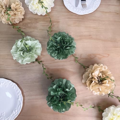 Sage Green Beige Party Decorations Tissue Paper Flowers Pom Pom with Leaf Ribbon Hanging Garland Streamer for Neutral Birthday Wedding Bachelorette Safari Jungle Woodland Party Supplies - Image 6