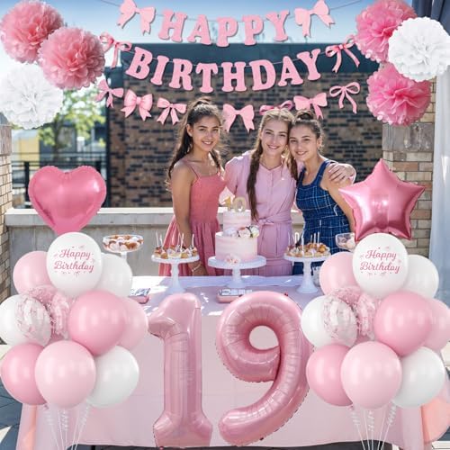 19th Birthday Decorations Girls Pink Number 19 Balloon Bow Coquette Party - Image 5