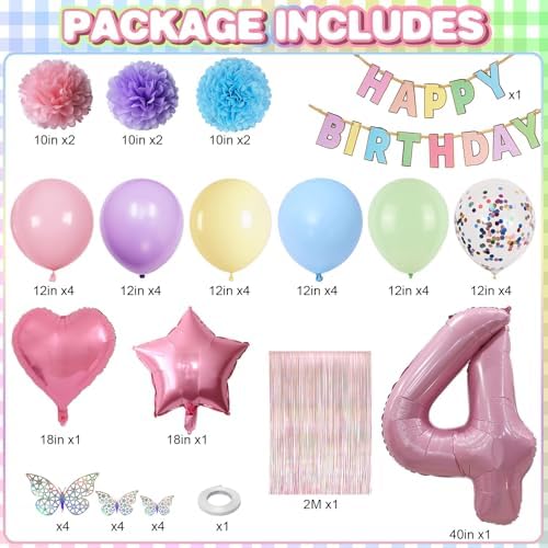 Pastel 4th Birthday Colorful Party Decorations Girls Pink Number 4 Balloon - Image 3
