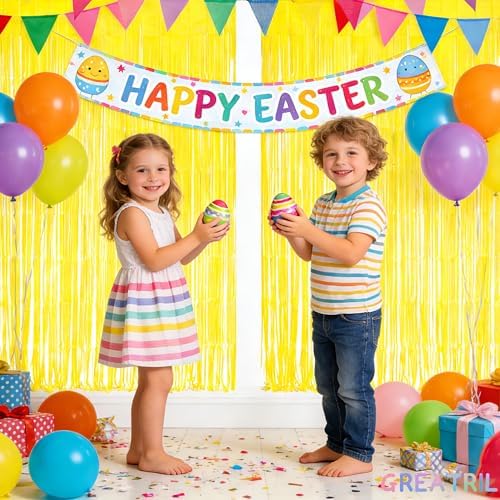 Yellow Streamers Party Backdrop - GREATRIL Foil Fringe for Pineapple/Lemon/Truck/Race Birthdays Party Decoration - 3.2ft X 8.2ft - 2 Packs - Image 4