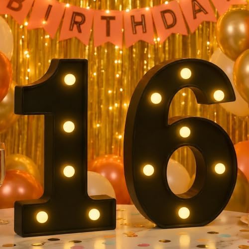 16th Birthday Decorations for Girls and Boys, Black Light-Up Number 16 Sign, Battery-Operated Illuminated Party Table Decoration Backdrop Wall Decor Sweet 16 Party Decorations ZJDZTK by ZJDZTK