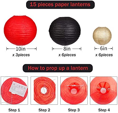 Round Hanging Paper Lanterns Black and Gold Party Decorations 15pcs - Image 3