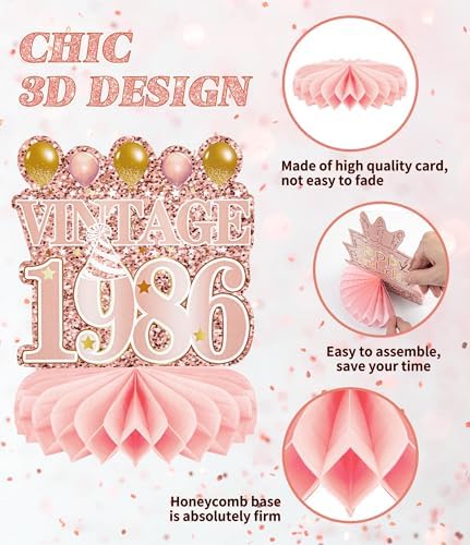 9 Pcs 40th Birthday Decoration for Women 1986 Pink Table Honeycomb Decor - Image 5