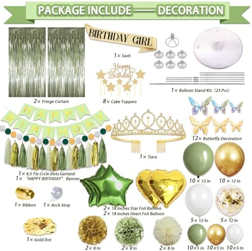 Guudmua 222 Pcs Sage Green Happy Birthday Decorations, Birthday Decorations for Women or Girl Kit- Disposable Dinnerware Set with 25 Guest, Balloons, Sash, Tiara, Banner, Paper Pom Poms - Image 2