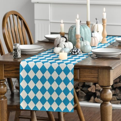 Artoid Mode Diamond Plaid Blue Bavarian Flag Oktoberfest Table Runner, for German Party Kitchen Dining Table Decoration for Home Party Decor 13x90 Inch - Image 3