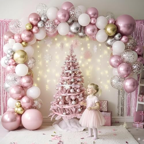 Pink White Winter Wonderland Snowflake Balloons Set, Metallic Light Pink Gold Silver White Snowflake Confetti Balloons for Girl Christmas Birthday Winter Onederland Baby Shower Xmas Party Decorations - Image 3