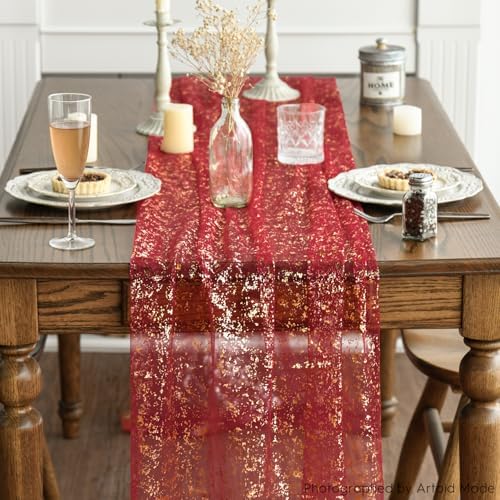 Artoid Mode Red Gold Gauze Table Runner 120 Inch 10FT, Glitter Metallic Foil Sheer Dining Wedding Anniversary Holiday Table Decor for Home Party - Image 3