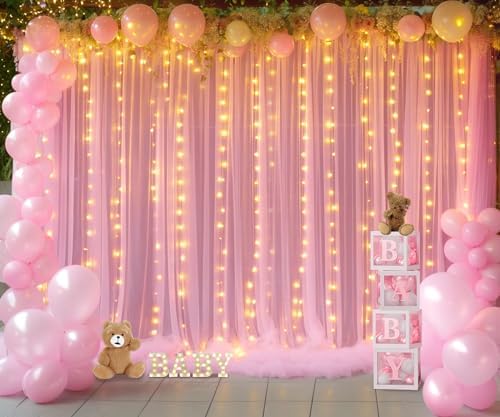 Pink Backdrop Curtains with Lights String for Baby Shower Girl Parties Sheer Tulle Backdrop Curtain Panels for Birthday Party Bridal Shower Photo Shoot Background Decorations 10×10ft (2 Panels 5×10ft) - Image 4