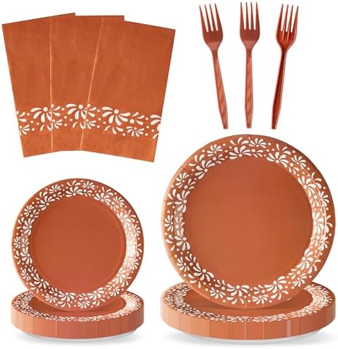96Pcs Brown Platos De Barro Mexicanos Cielito Lindo Terracotta Clay Party Plates Supplies Tableware Decorations Disposable Paper Plates Napkins Forks for Birthday Baby Shower, Serves 24 by G1ngtar