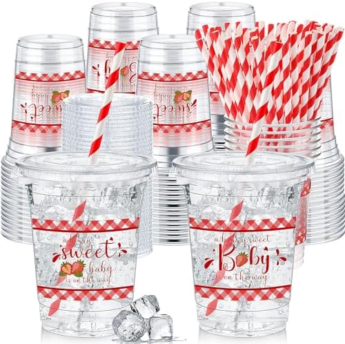 Pickmesh 50 Pcs Strawberry Baby Shower Plastic Cups with Lid Straw, 12 oz by Pickmesh