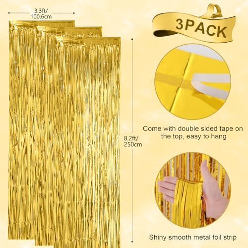 Voircoloria Gold Foil Fringe Backdrop Curtains, 3.3x8.2ft, 3 Pack - Image 3
