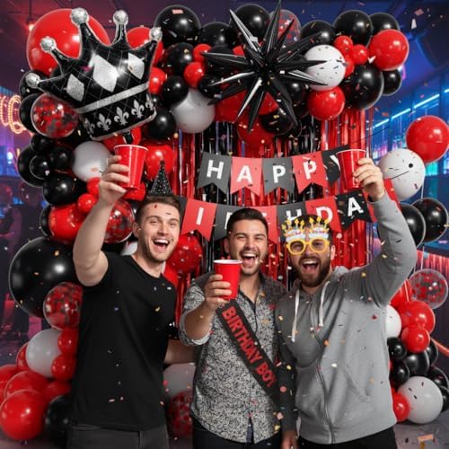Red and Black Birthday Party Decorations 152Pcs, Red Black White Balloons Arch Kit with Banner Fringe Curtains for 16th 18th 21st 24th 32th 40th 50th 60th Birthday Decorations for Men - Image 5
