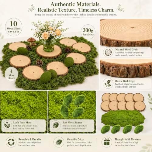10 Wood Slices with Faux Moss, Moss Table Decor Centerpiece Kit - Image 3