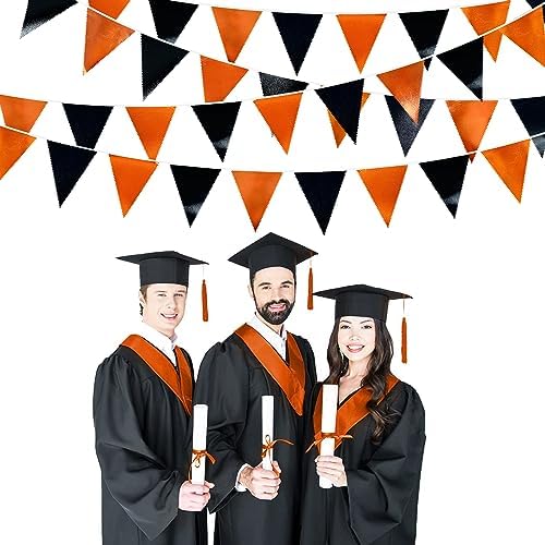 Black Orange Party Decoration Metallic Fabric Triangle Pennant Banner Flag Bunting Garland for Graduation Halloween Fall Autumn Thanksgiving Birthday Wedding Shower Bridal Shower Party Supplies - Image 4