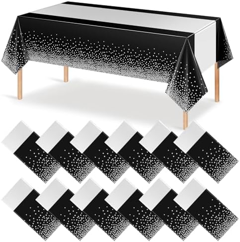 12Pcs Black Silver Tablecloth Party Decorations,Plastic Black Table Cloth Printed Silver Table Runner Disposable Rectangle Table Cover for Birthday Anniversary Wedding Graduation Party,54 x108 Inch by MASHAN