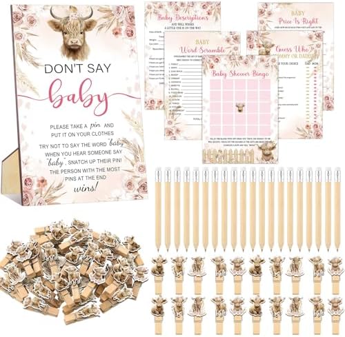 Patelai 321 Pcs Highland Cow Baby Shower Decoration Game Pink Boho Supplies by Patelai