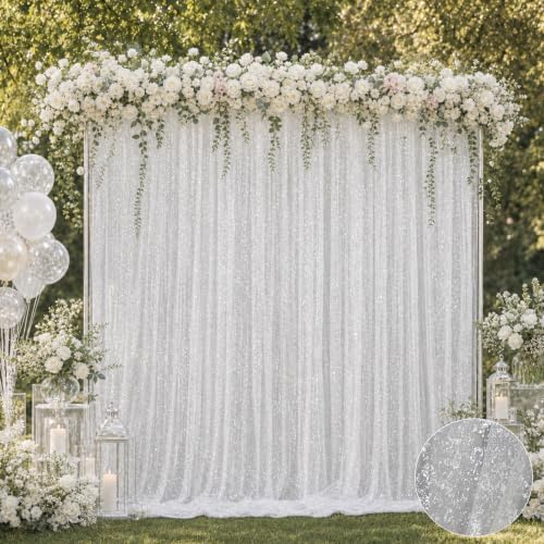 Bupelo Silver Foil White Tulle Backdrop Curtains–15x8ft Sheer White Curtain by Bupelo