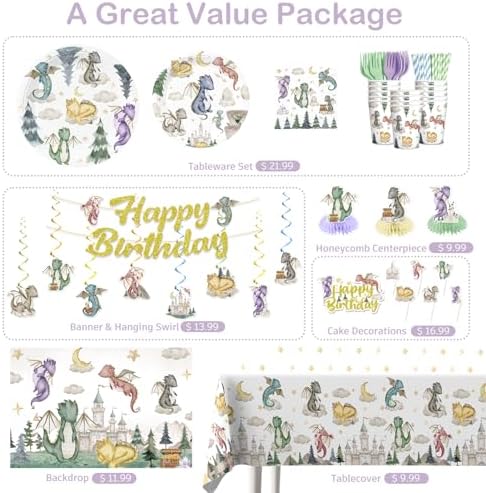 218Pcs Dragon Birthday Party Decorations Tableware Set Serves 25 Guests, Dragon Party Supplies Includes Banner, Backdrop, Plates, Tablecloth, Cake Topper, Cupcake Toppers - Image 3