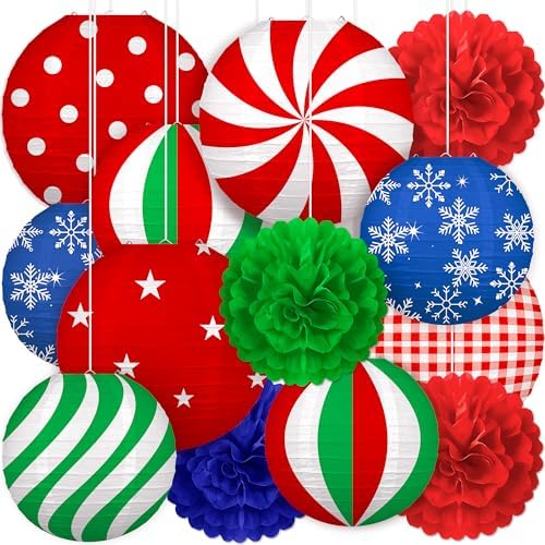 13PCS Christmas Decorations Ornaments Set – 9 Red Green Blue Hanging Paper Lanterns, 4 Pom Poms for Indoor, Home, Xmas Party, Porch Decor by Renbuzhu