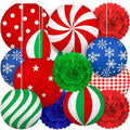 13PCS Christmas Decorations Ornaments Set – 9 Red Green Blue Hanging Paper Lanterns, 4 Pom Poms for Indoor, Home, Xmas Party, Porch Decor by Renbuzhu
