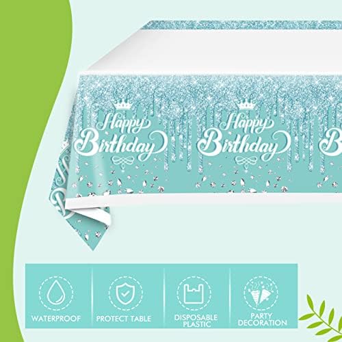 41 Pcs Teal and Silver Tableware Set for Happy Birthday Table Decorations Blue Birthday Theme Dessert Plates Napkins Tablecloth for 20 Guests Girls Women Silver Glitter Birthday Party Supplies - Image 5