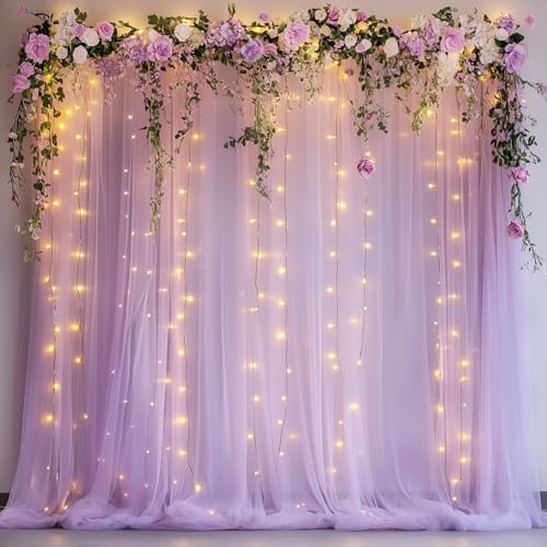 Tulle Backdrop Curtain with Lights 10x10FT Lavender Sheer Curtains by Xiomot