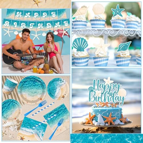 Beach Birthday Party Decorations, 183Pcs Ocean Waves Birthday Party Decorations Summer Pool Hawaiian Beach Party Supplies Plates,Napkins,Cups,Banner,Tablecloth,Balloons,Cupcake Topper,Serves 24 - Image 4