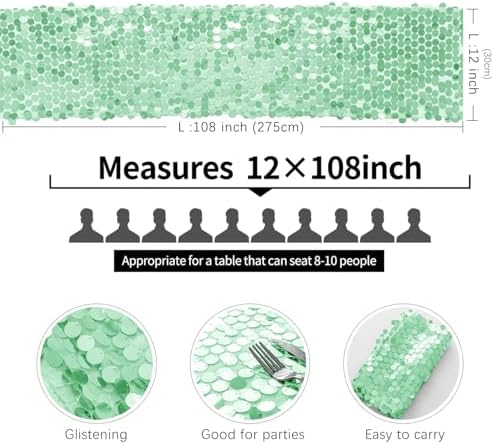 Pufogu 12 x 108 Inch Sequin Table Runner,Mint Green Glitter Premium Big Sequin Table Runner, Rectangle Table Runners for Halloween, Christmas, Wedding Party, Birthday Party, Banquet Decor (1 Pack). - Image 3