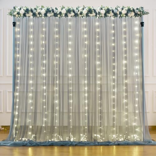 Silver Grey Tulle Backdrop Curtain with Lights String for Parites 10x8ft Sheer Backdrop Curtains for Birthday Party Bridal Shower Baby Shower Wedding Ceremony Prom Photo Booth Background Decorations by Suppromo