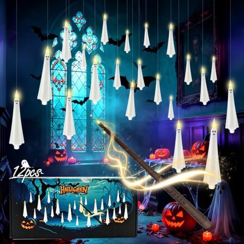 kakoya Ghost Flameless Floating Candles with Wand Remote, 12 Pcs Magic Flickering Battery Operated LED Hanging Taper Candles for Halloween Party Decoration(White) by FLAMELESSCANDLES