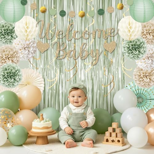 Sage Green Baby Shower Decorations with Banner Fringe Curtains - Image 6