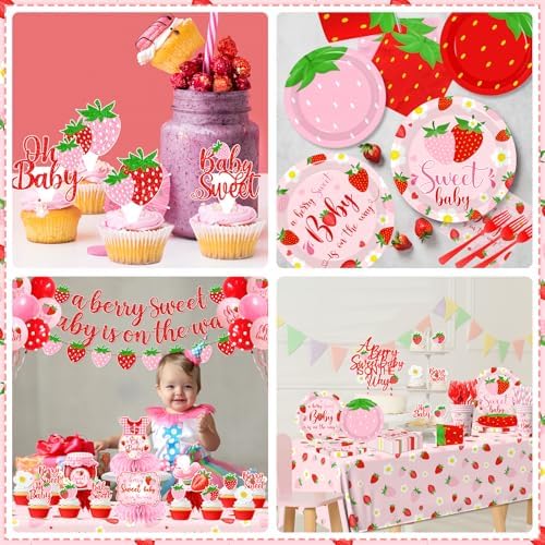Strawberry Baby Shower Decorations for Girls, 190Pcs A Berry Sweet Baby is on the Way Party Supplies with Plates, Napkins, Cups, Banner, Tablecloth, Balloons, Cake Toppers, Honeycombs Serve 24 - Image 5