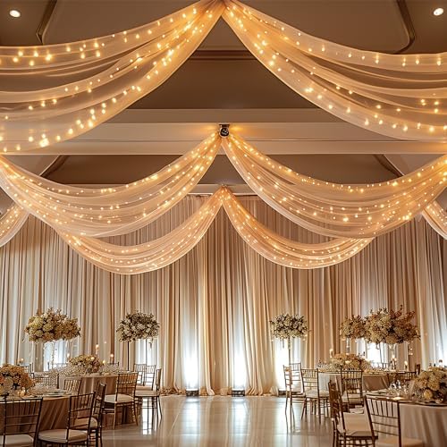Dark Champagne Ceiling Drapes with Lights String for Weddings, 6 Panels 5ftx30ft Sheer Tulle Backdrop Photo Background Drapes for Wedding Ceremony Birthday Party Arch Decoration - Image 5