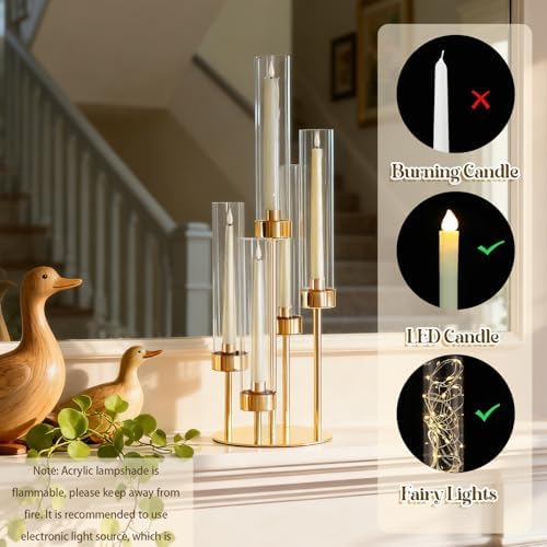 5-Arm Black Metal Table Candelabra Centerpiece, 22" Tall Clear Candlesticks Holder with Shade for Valentines Day Events Party Table Centerpiece,Fit LED Candles (4, Gold, S-22in) - Image 4