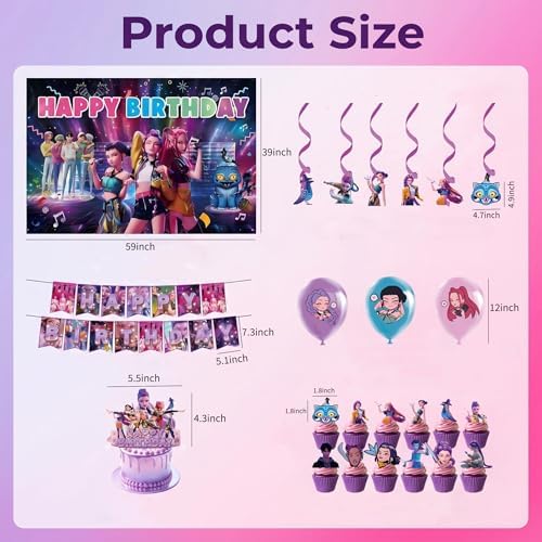 Demon Movie Hunters Birthday Decorations, Cute Party Supplies Set Include Banner, Backdrop, Balloons, Hanging Swirls, Cake Topper, Cake Cupcake Toppers for Boys Girls Cartoon Theme Party - Image 4