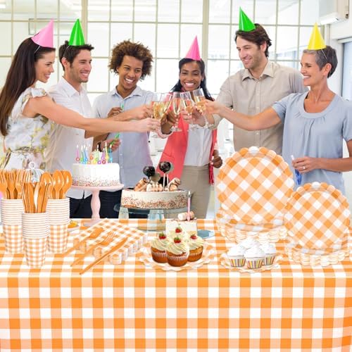 WNINK 175 PCS Orange Gingham Plates and Napkins, Orange Checkered Disposable Plates Set with Napkins Cups Plastic Spoons Forks Knives for Dinner Birthday Baby Shower Wedding Supplies Serve 25 Guests - Image 3